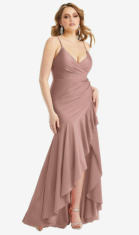 Front View - Neu Nude Pleated Wrap Ruffled High Low Stretch Satin Gown with Slight Train