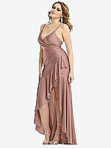 Side View Thumbnail - Neu Nude Pleated Wrap Ruffled High Low Stretch Satin Gown with Slight Train