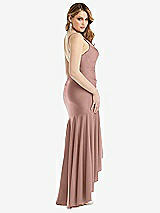 Rear View Thumbnail - Neu Nude Pleated Wrap Ruffled High Low Stretch Satin Gown with Slight Train