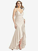 Front View Thumbnail - Oat Pleated Wrap Ruffled High Low Stretch Satin Gown with Slight Train