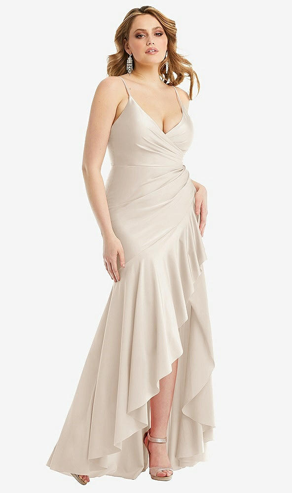 Front View - Oat Pleated Wrap Ruffled High Low Stretch Satin Gown with Slight Train