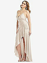Side View Thumbnail - Oat Pleated Wrap Ruffled High Low Stretch Satin Gown with Slight Train