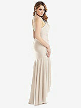 Rear View Thumbnail - Oat Pleated Wrap Ruffled High Low Stretch Satin Gown with Slight Train