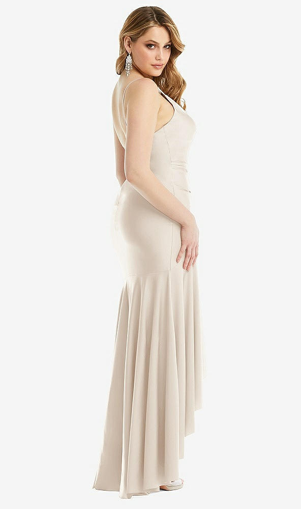 Back View - Oat Pleated Wrap Ruffled High Low Stretch Satin Gown with Slight Train