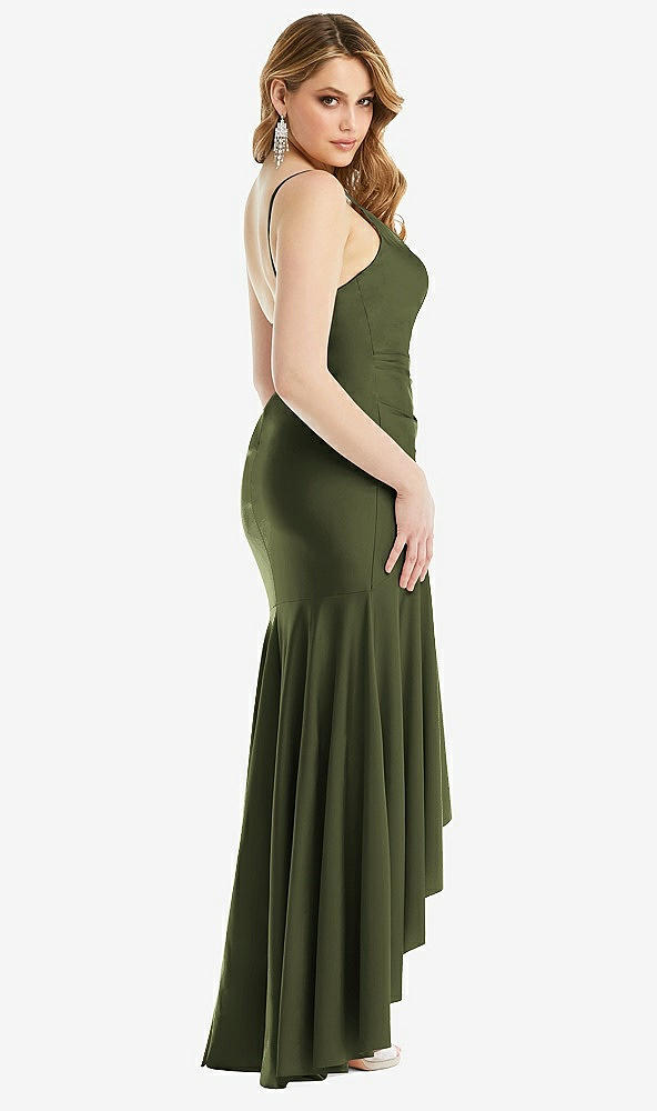 Back View - Olive Green Pleated Wrap Ruffled High Low Stretch Satin Gown with Slight Train