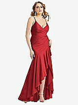 Front View Thumbnail - Poppy Red Pleated Wrap Ruffled High Low Stretch Satin Gown with Slight Train