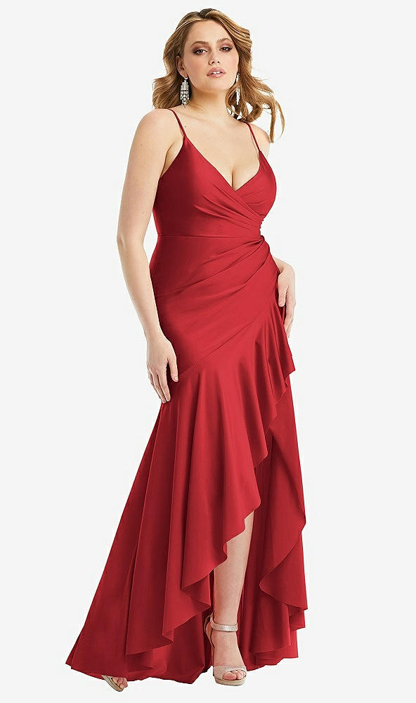 Front View - Poppy Red Pleated Wrap Ruffled High Low Stretch Satin Gown with Slight Train