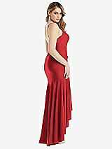 Rear View Thumbnail - Poppy Red Pleated Wrap Ruffled High Low Stretch Satin Gown with Slight Train