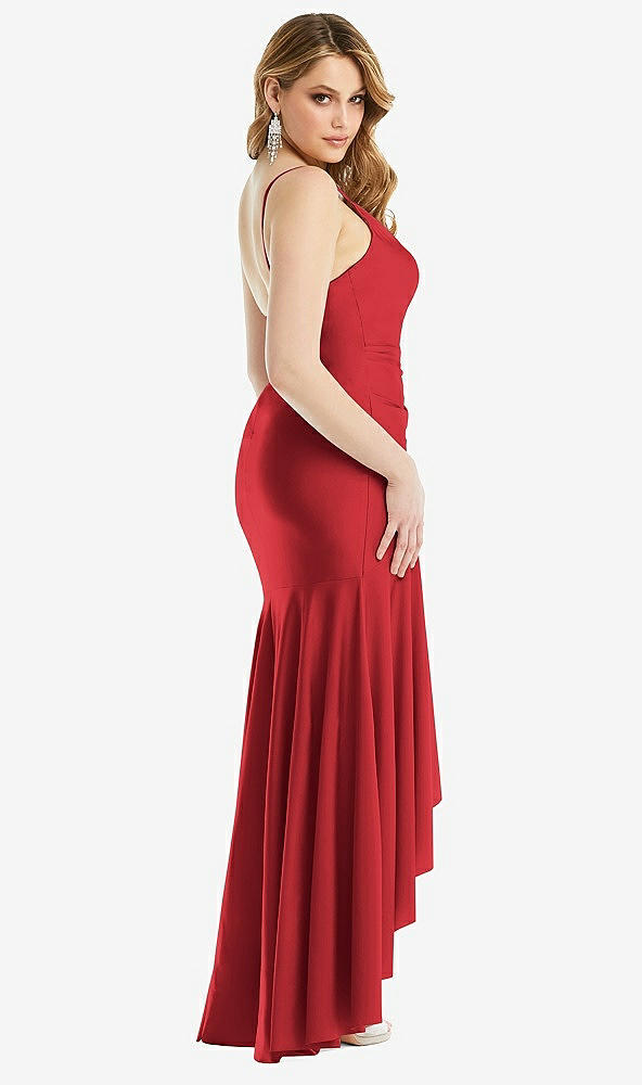 Back View - Poppy Red Pleated Wrap Ruffled High Low Stretch Satin Gown with Slight Train
