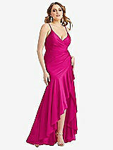 Front View Thumbnail - Think Pink Pleated Wrap Ruffled High Low Stretch Satin Gown with Slight Train