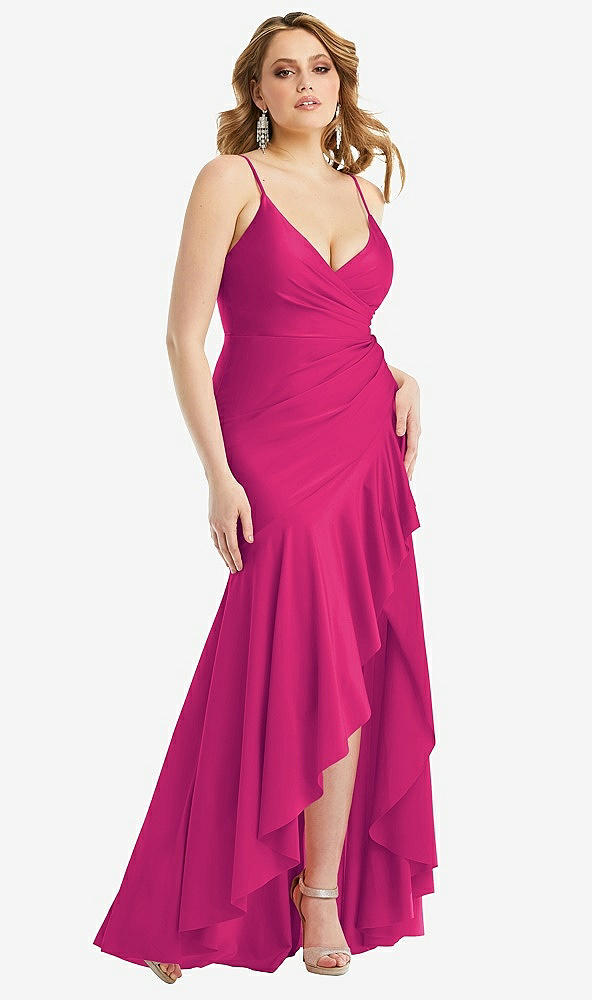 Front View - Think Pink Pleated Wrap Ruffled High Low Stretch Satin Gown with Slight Train