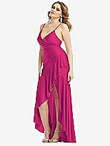 Side View Thumbnail - Think Pink Pleated Wrap Ruffled High Low Stretch Satin Gown with Slight Train