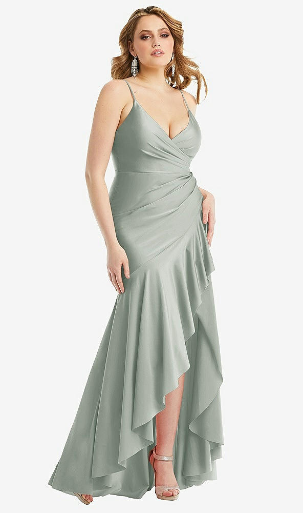 Front View - Willow Green Pleated Wrap Ruffled High Low Stretch Satin Gown with Slight Train