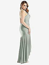 Rear View Thumbnail - Willow Green Pleated Wrap Ruffled High Low Stretch Satin Gown with Slight Train