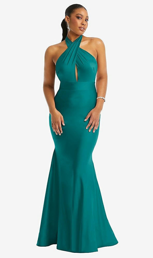 Front View - Peacock Teal Criss Cross Halter Open-Back Stretch Satin Mermaid Dress