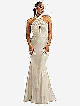 Front View Thumbnail - Champagne Criss Cross Halter Open-Back Stretch Satin Mermaid Dress