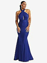 Front View Thumbnail - Cobalt Blue Criss Cross Halter Open-Back Stretch Satin Mermaid Dress