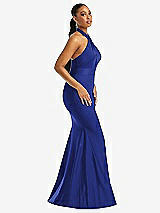 Side View Thumbnail - Cobalt Blue Criss Cross Halter Open-Back Stretch Satin Mermaid Dress