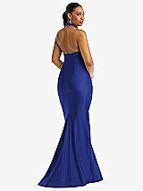 Rear View Thumbnail - Cobalt Blue Criss Cross Halter Open-Back Stretch Satin Mermaid Dress