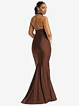 Rear View Thumbnail - Cognac Criss Cross Halter Open-Back Stretch Satin Mermaid Dress