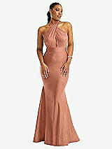 Front View Thumbnail - Copper Penny Criss Cross Halter Open-Back Stretch Satin Mermaid Dress