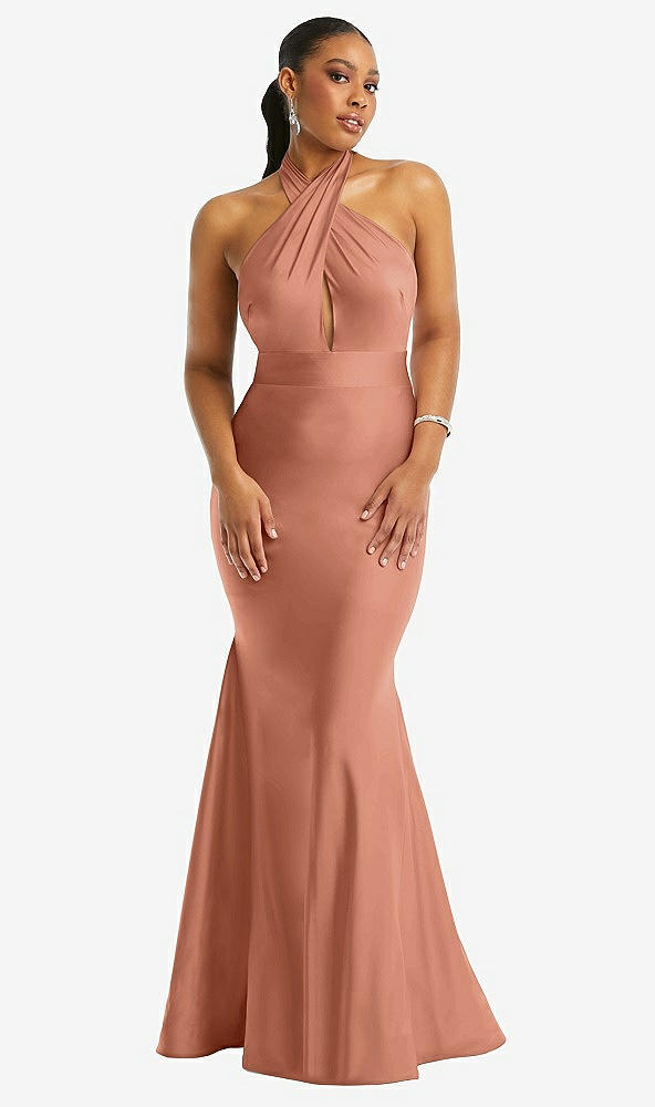 Front View - Copper Penny Criss Cross Halter Open-Back Stretch Satin Mermaid Dress