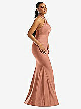 Side View Thumbnail - Copper Penny Criss Cross Halter Open-Back Stretch Satin Mermaid Dress