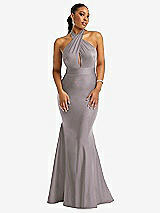 Front View Thumbnail - Cashmere Gray Criss Cross Halter Open-Back Stretch Satin Mermaid Dress