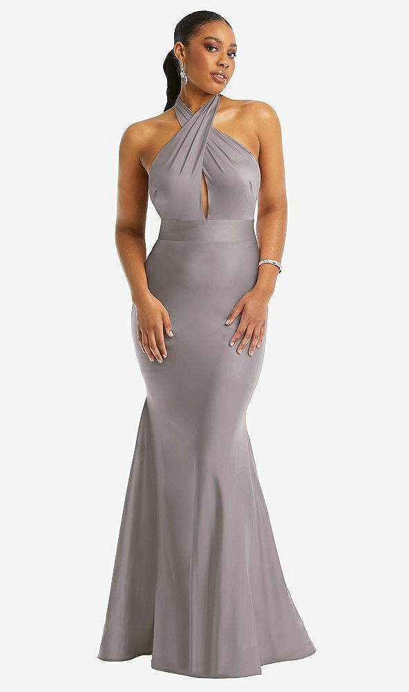 Front View - Cashmere Gray Criss Cross Halter Open-Back Stretch Satin Mermaid Dress