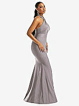 Side View Thumbnail - Cashmere Gray Criss Cross Halter Open-Back Stretch Satin Mermaid Dress