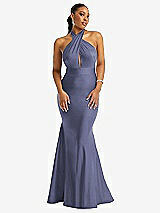 Front View Thumbnail - French Blue Criss Cross Halter Open-Back Stretch Satin Mermaid Dress