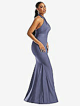 Side View Thumbnail - French Blue Criss Cross Halter Open-Back Stretch Satin Mermaid Dress