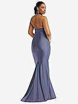 Rear View Thumbnail - French Blue Criss Cross Halter Open-Back Stretch Satin Mermaid Dress