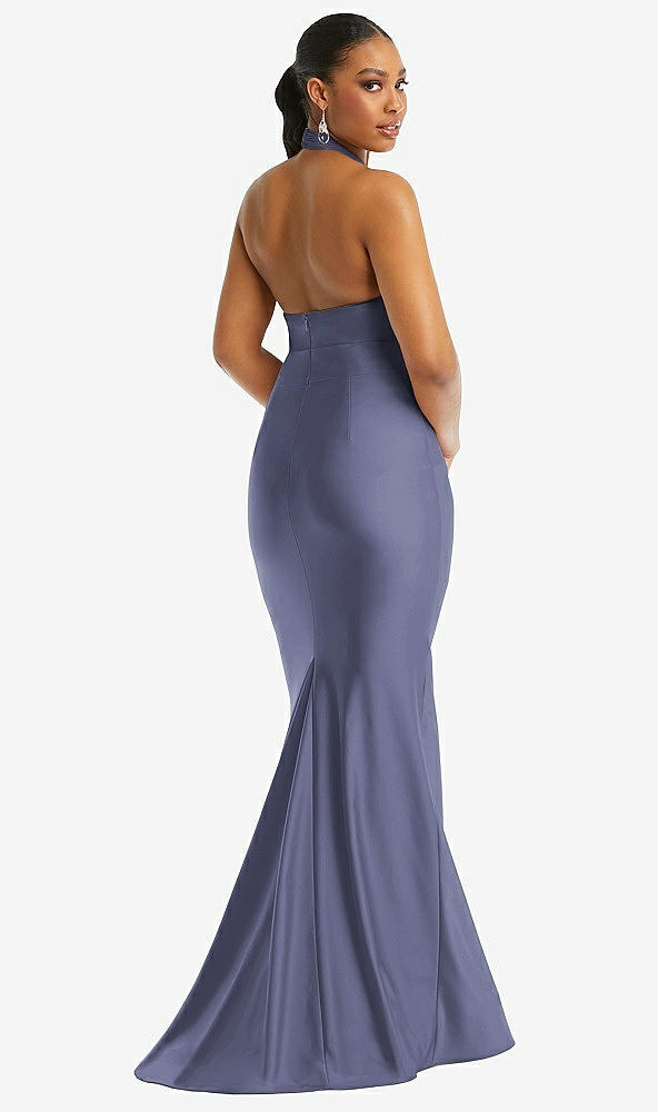 Back View - French Blue Criss Cross Halter Open-Back Stretch Satin Mermaid Dress
