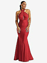 Front View Thumbnail - Poppy Red Criss Cross Halter Open-Back Stretch Satin Mermaid Dress