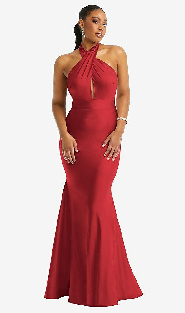 Front View - Poppy Red Criss Cross Halter Open-Back Stretch Satin Mermaid Dress