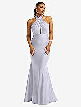 Front View Thumbnail - Silver Dove Criss Cross Halter Open-Back Stretch Satin Mermaid Dress