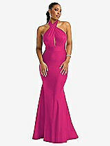 Front View Thumbnail - Think Pink Criss Cross Halter Open-Back Stretch Satin Mermaid Dress