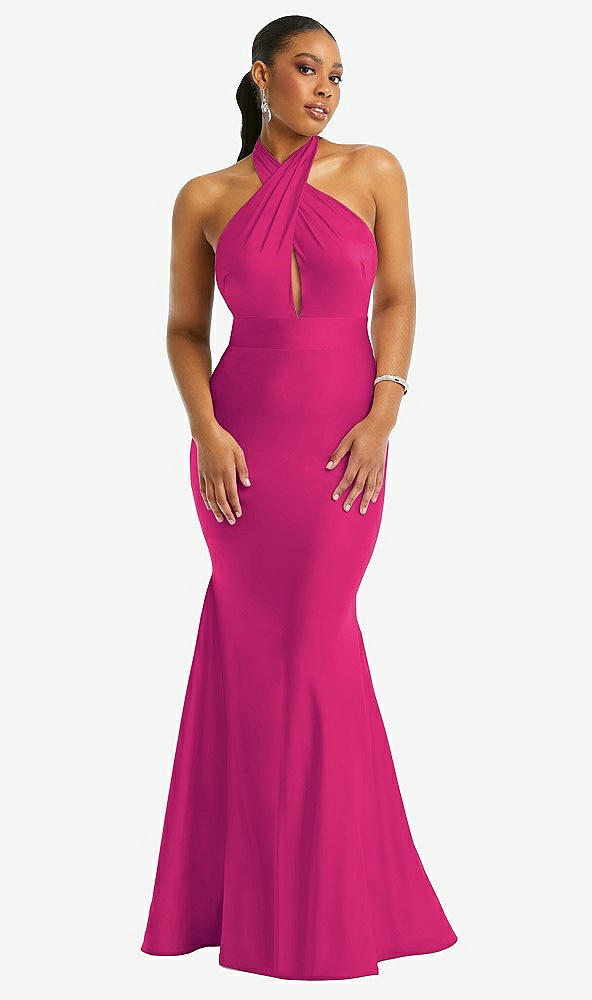 Front View - Think Pink Criss Cross Halter Open-Back Stretch Satin Mermaid Dress