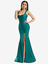 Alt View 2 Thumbnail - Peacock Teal Square Neck Stretch Satin Mermaid Dress with Slight Train