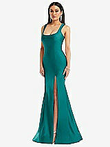 Front View Thumbnail - Peacock Teal Square Neck Stretch Satin Mermaid Dress with Slight Train