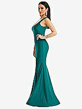 Side View Thumbnail - Peacock Teal Square Neck Stretch Satin Mermaid Dress with Slight Train