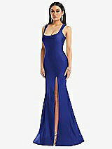 Front View Thumbnail - Cobalt Blue Square Neck Stretch Satin Mermaid Dress with Slight Train