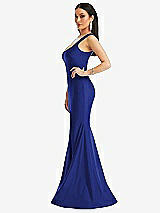 Side View Thumbnail - Cobalt Blue Square Neck Stretch Satin Mermaid Dress with Slight Train