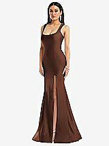 Front View Thumbnail - Cognac Square Neck Stretch Satin Mermaid Dress with Slight Train