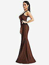 Side View Thumbnail - Cognac Square Neck Stretch Satin Mermaid Dress with Slight Train
