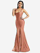 Alt View 2 Thumbnail - Copper Penny Square Neck Stretch Satin Mermaid Dress with Slight Train