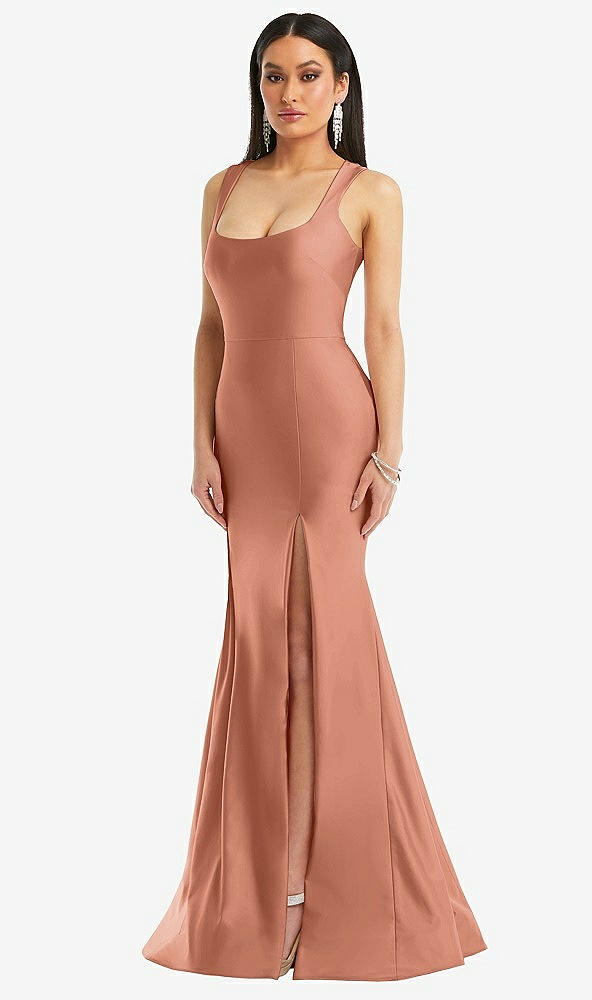 Front View - Copper Penny Square Neck Stretch Satin Mermaid Dress with Slight Train