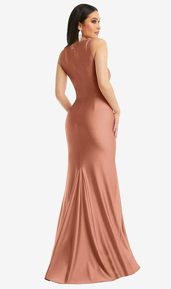 Back View - Copper Penny Square Neck Stretch Satin Mermaid Dress with Slight Train