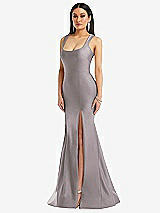Front View Thumbnail - Cashmere Gray Square Neck Stretch Satin Mermaid Dress with Slight Train